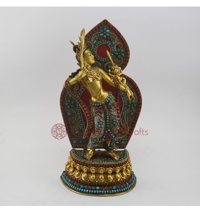 Hand Made Copper Alloy with Gold (Electro) and Silver Plated 14.5" Dancing Manjushri Statue