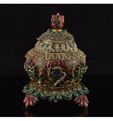 Gold Plated Copper Alloy Decorated 9.5" Chakrasamvara Statue Gulpa - Rice Bowl
