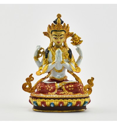 Machine Made, Hand Painted Copper Alloy with Gold Plated 2.25" Chenrezig Buddha Statue