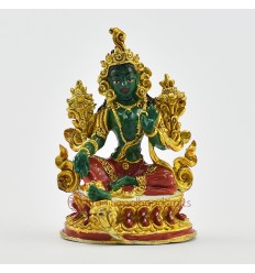 Machine Made, Hand Painted Copper Alloy with Gold Plated 2.25" Green Tara Statue