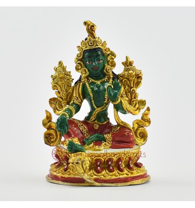Machine Made, Hand Painted Copper Alloy with Gold Plated 2.25" Green Tara Statue