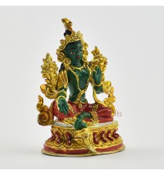 Machine Made, Hand Painted Copper Alloy with Gold Plated 2.25" Green Tara Statue