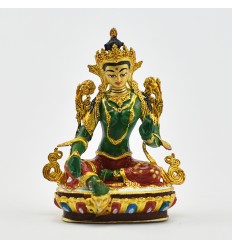 Machine Made, Hand Painted Copper Alloy with Gold Plated 2.75" Green Tara Statue