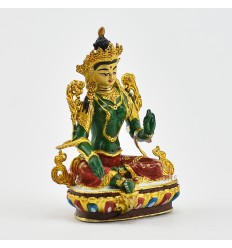 Machine Made, Hand Painted Copper Alloy with Gold Plated 2.75" Green Tara Statue