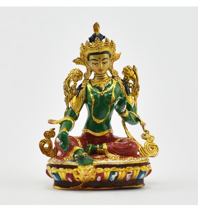 Machine Made, Hand Painted Copper Alloy with Gold Plated 2.75" Green Tara Statue