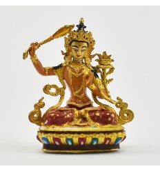 Machine Made, Hand Painted Copper Alloy with Gold Plated 2.5" Manjushri Statue