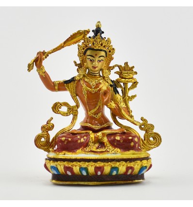 Machine Made, Hand Painted Copper Alloy with Gold Plated 2.5" Manjushri Statue