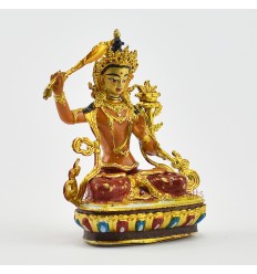 Machine Made, Hand Painted Copper Alloy with Gold Plated 2.5" Manjushri Statue