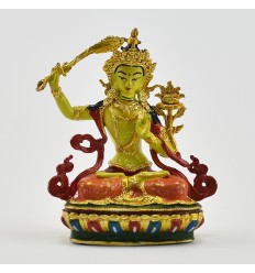 Machine Made, Hand Painted Copper Alloy with Gold Plated 2.5" Manjushri Statue