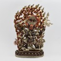 Hand Made Silver Plated Copper Alloy in Oxidation Finish and Painted 14" Four Armed Chuchepa Mahakala Statue