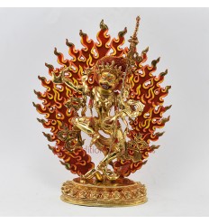 Hand Made Copper Alloy with Gold Gilded and Face Painted 14.5" Simha Mukha Yogini Statue