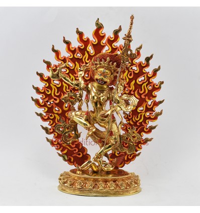 Hand Made Copper Alloy with Gold Gilded and Face Painted 14.5" Simha Mukha Yogini Statue