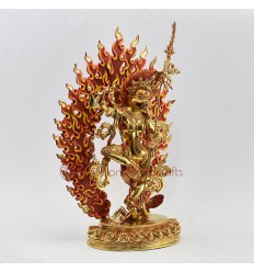 Hand Made Copper Alloy with Gold Gilded and Face Painted 14.5" Simha Mukha Yogini Statue