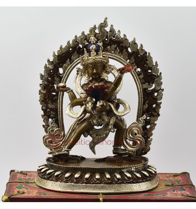 Tibetan Buddhist Religious Silver Plated Copper Alloy in Oxidation Finish7.75" Copper Chakrasamvara Statue