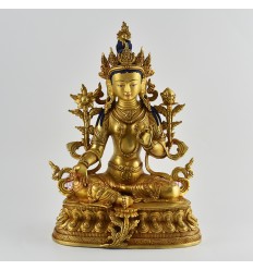 Hand Made Gold Gilded Copper Alloy with Hand-Painted Face 13" Green Tara Statue