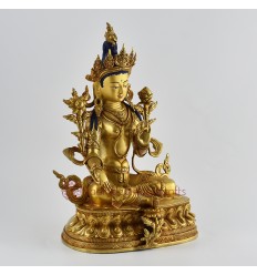Hand Made Gold Gilded Copper Alloy with Hand-Painted Face 13" Green Tara Statue