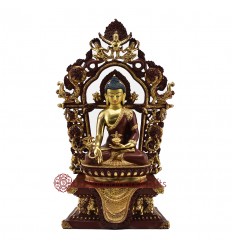 Hand Made  Gold Gilded Copper Alloy with Hand-Painted Face 17" Medicine Buddha on Throne Sculpture