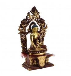 Hand Made  Gold Gilded Copper Alloy with Hand-Painted Face 17" Medicine Buddha on Throne Sculpture