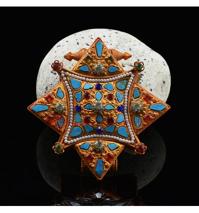 Tibetan Buddhism Gold & Silver Plated Decorated with Semiprecious Stones Ghau