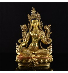 Hand Made Coppper Alloy 24 Karat Gold Gilded with Hand Painted Face 14" Green Tara  Statue
