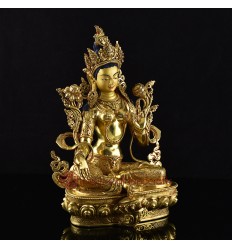 Hand Made Coppper Alloy 24 Karat Gold Gilded with Hand Painted Face 14" Green Tara  Statue