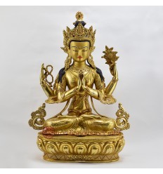 Hand Made Copper Alloy with 24 Karat Gold-Gilded and Hand-Painted Face 19" Chenrezig Statue