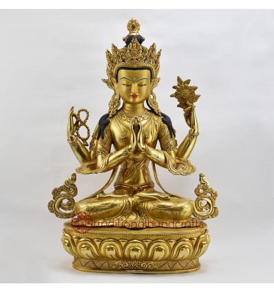 Hand Made Copper Alloy with 24 Karat Gold-Gilded and Hand-Painted Face 19" Chenrezig Statue
