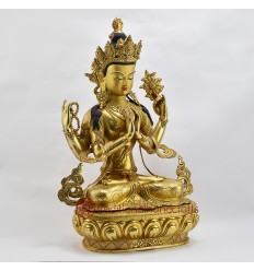 Hand Made Copper Alloy with 24 Karat Gold-Gilded and Hand-Painted Face 19" Chenrezig Statue
