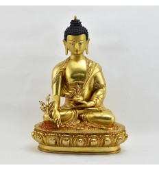 Hand Made Copper Alloy with 24 Karat Gold-Gilded and Hand-Painted Face 13" Medicine Buddha Statue