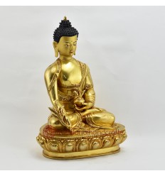 Hand Made Copper Alloy with 24 Karat Gold-Gilded and Hand-Painted Face 13" Medicine Buddha Statue