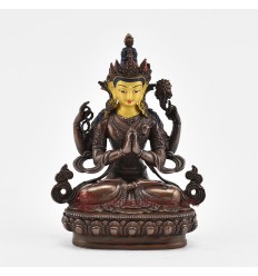 Machine Made with Copper Alloy in Oxidation Finish and Hand-Painted Face 4.25" Four Armed Chenrezig Statue