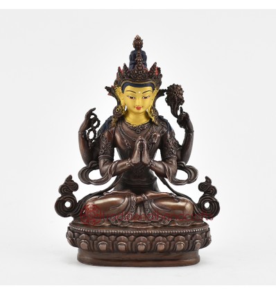 Machine Made with Copper Alloy in Oxidation Finish and Hand-Painted Face 4.25" Four Armed Chenrezig Statue