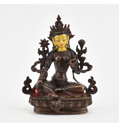 Machine Made with Copper Alloy in Oxidation Finish and Hand-Painted Face 4.25" Green Tara Statue