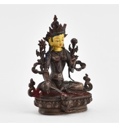 Machine Made with Copper Alloy in Oxidation Finish and Hand-Painted Face 4.25" Green Tara Statue