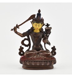 Machine Made with Copper Alloy in Oxidation Finish and Hand-Painted Face 4.25" Manjushri Statue