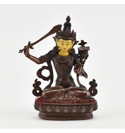 Machine Made with Copper Alloy in Oxidation Finish and Hand-Painted Face 4.25" Manjushri Statue