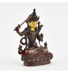 Machine Made with Copper Alloy in Oxidation Finish and Hand-Painted Face 4.25" Manjushri Statue