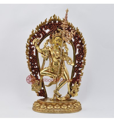 Hand Made Copper Alloy with Gold Gilded and Face Painted 14" Vajravarahi Jogini Statue