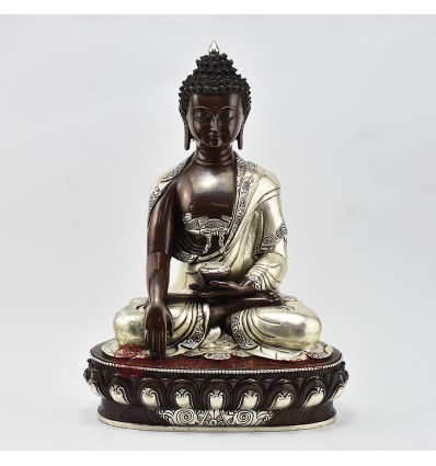 Hand Made Silver-Plated Copper Alloy in Oxidation Finish 13" Shakyamuni Buddha Statue