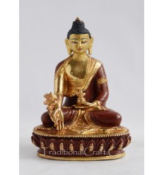 FINE QUALITY 6" MEDICINE BUDDHA GOLD GILDED WITH FACE PAINTED COPPER STATUE FROM PATAN, NEPAL