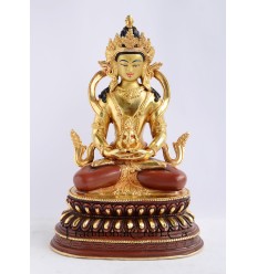 FINELY HAND CARVED GOLD FACE PAINTED 10" APARMITA / AMITAYUS / CHHEPAME COPPER GOLD GILDED STATUE FROM PATAN, NEPAL
