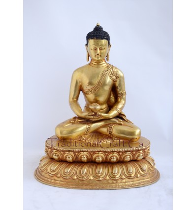 Fine Quality Hand Carved 11.75" Amitabha Buddha Antiquated Gold Gilded Copper Statue Patan, Nepal