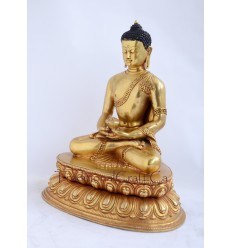 Fine Quality Hand Carved 11.75" Amitabha Buddha Antiquated Gold Gilded Copper Statue Patan, Nepal