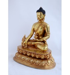 Fine Quality Hand Carved 11.75" Medicine Buddha Antiquated Gold Gilded Copper Statue Patan, Nepal