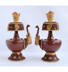 Fine Quality 9" Tibetan Buddhism 24 K Gold Gilded Copper Alloy Bhumba Sacred Vase Set from Patan, Nepal