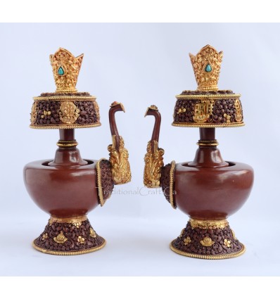 Fine Quality 9" Tibetan Buddhism 24 K Gold Gilded Copper Alloy Bhumpa Sacred Vase Set from Patan, Nepal