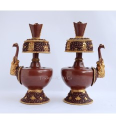 Fine Quality 9" Tibetan Buddhism 24 K Gold Gilded Copper Alloy Bhumpa Sacred Vase Set from Patan, Nepal