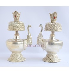Fine Quality 9" Tibetan Buddhism Copper Alloy Silver Plated Bhumba Sacred Vase Set From Patan, Nepal