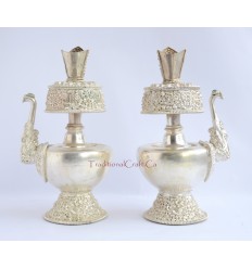 Fine Quality 9" Tibetan Buddhism Copper Alloy Silver Plated Bhumba Sacred Vase Set From Patan, Nepal