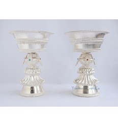 Fine Quality Tibetan Buddhist Ritual 8" Silver Butter Lamps Set with Fine Hand Carvings from Patan, Nepal